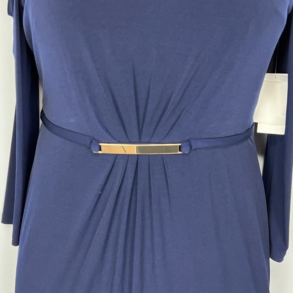 Jessica Simpson Blue Cold Shoulder Sheath Dress Fitted Goldtone Hardware size 14 - Picture 4 of 15